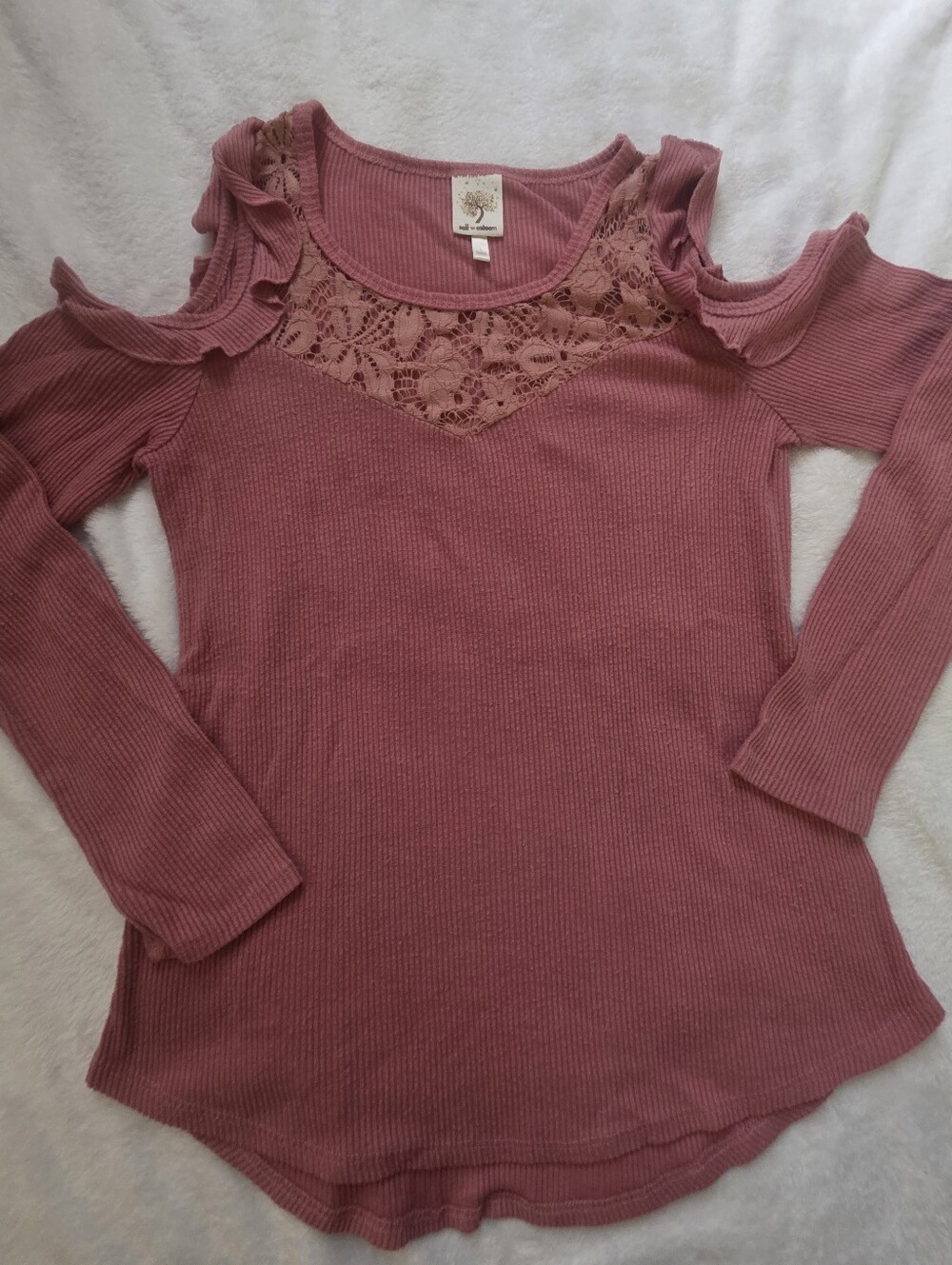 Self Esteem Dusty Rose Cold-Shoulder Lace Yoke Ribbed Long Sleeve Top
